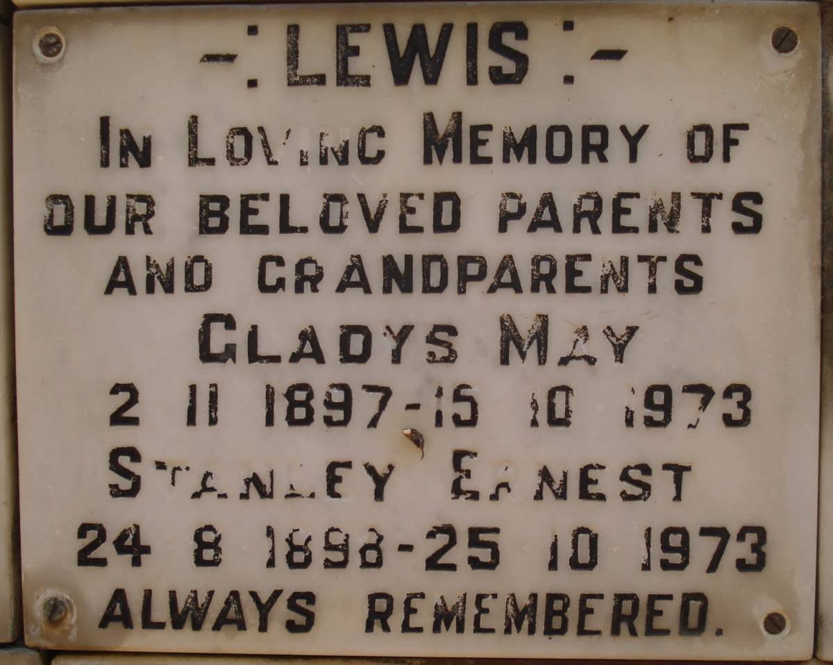 LEWIS Stanley Ernest 1898-1973 &amp; Gladys May 1897-1973