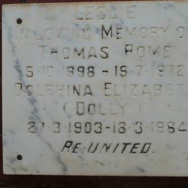 LESLIE Thomas Rome 1898-1972 &amp; Dolphina Elizabeth 1903-1984