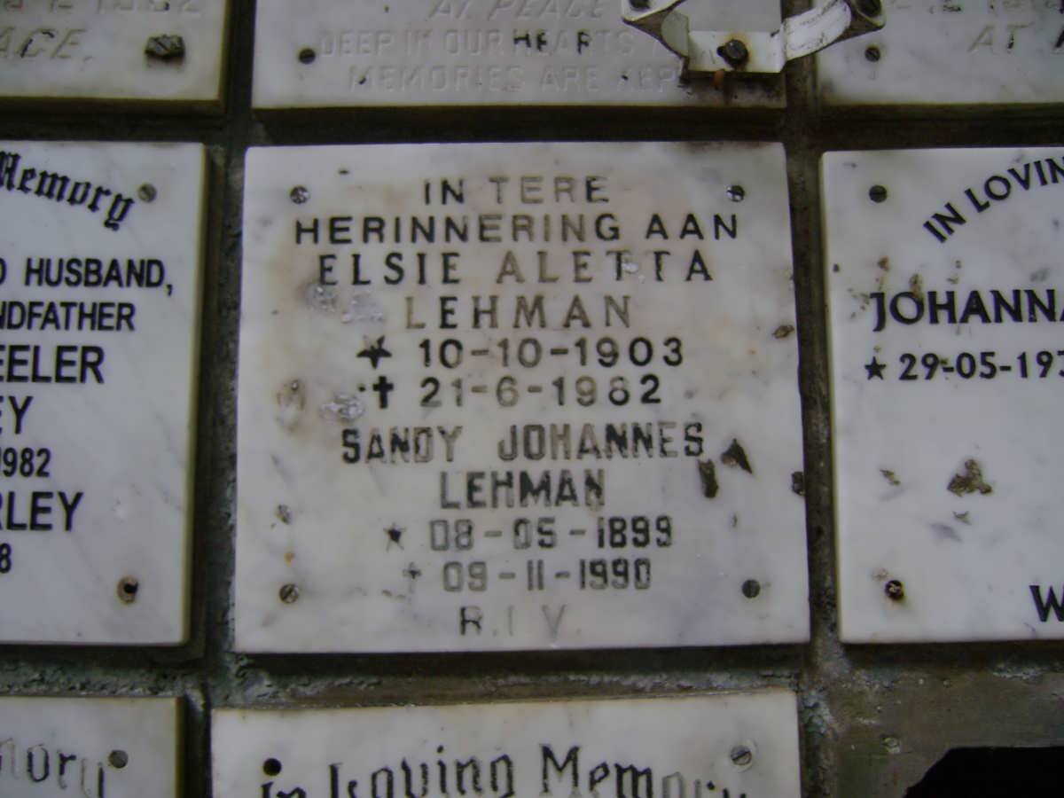 LEHMAN Sandy Johannes 1899-1990 &amp; Elsie Aletta 1903-1982