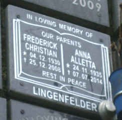 LINGENFELDER Frederick Christian 1930-2008 &amp; Anna Alletta 1935-2014
