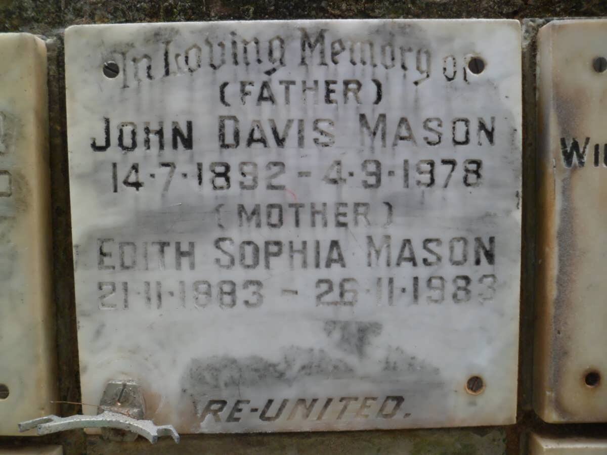 MASON John Davis 1892-1978 &amp; Edith Sophia 1883-1983