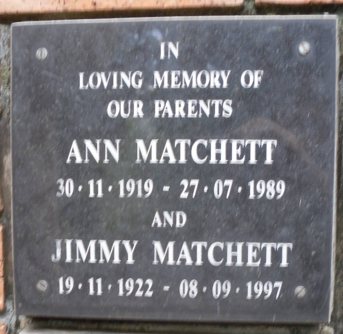 MATCHETT Jimmy 1922-1997 &amp; Ann 1919-1989