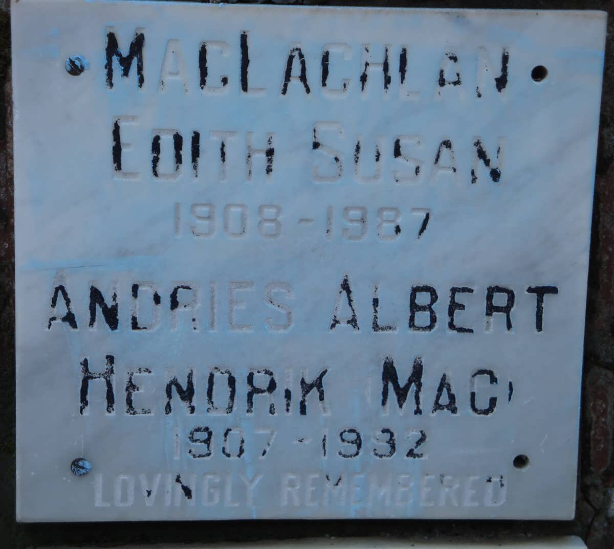 MACLACHLAN Andries Albert Hendrik 1907-1992 &amp; Edith Susan 1908-1987