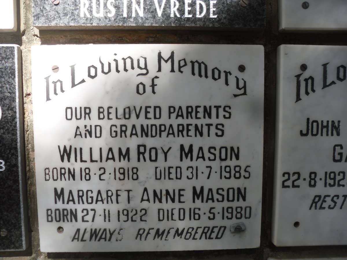 MASON William Roy 1918-1985 &amp; Margaret Anne 1922-1980