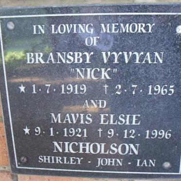 NICHOLSON Bransby Vyvyan 1919-1965 &amp; Mavis Elsie 1921-1996