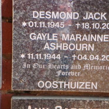 OOSTHUIZEN Desmond Jack 1945-2011 &amp; Gayle Marainne Ashbourn 1944-2011