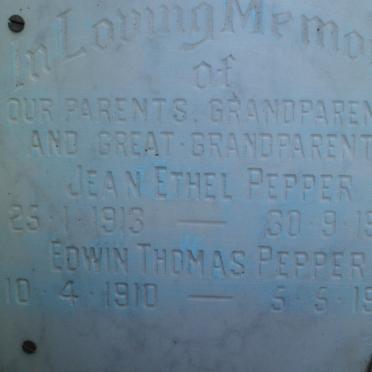 PEPPER Edwin Thomas 1910-1987 &amp; Jean Ethel 1913-1966