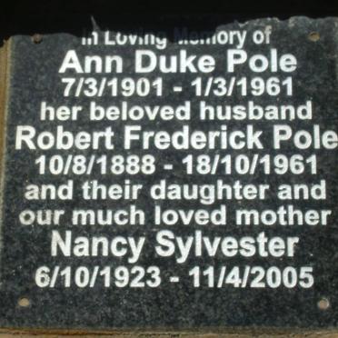 POLE Robert Frederick 1888-1961 &amp; Ann Duke 1901-1961 :: SYLVESTER Nancy 1923-2005