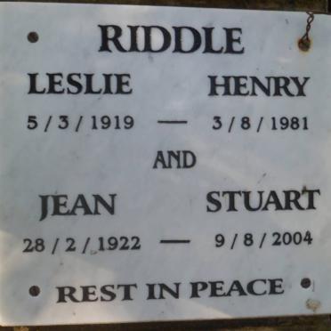 RIDDLE Leslie Henry 1919-1981 &amp; Jean Stuart 1922-2004