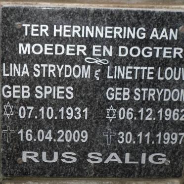 STRYDOM Lina nee SPIES 1931-2009 :: LOUW Linette nee STRYDOM 1962-1997