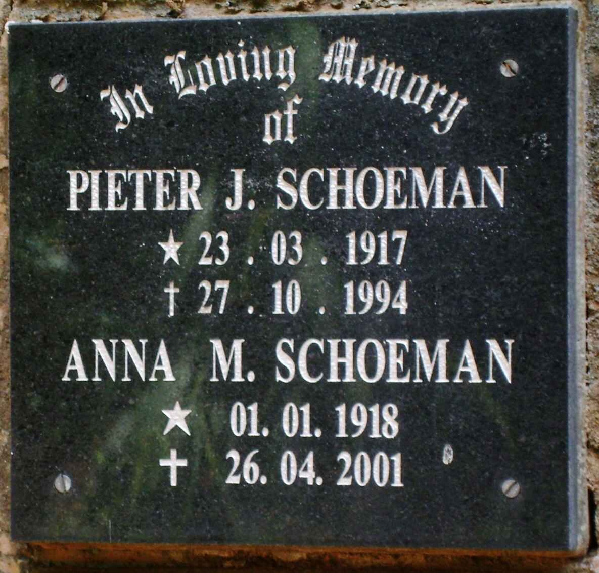 SCHOEMAN Pieter J. 1917-1994 &amp; Anna M. 1918-2001