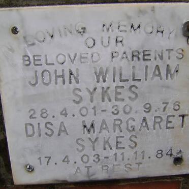 SYKES John William 1901-1976 &amp; Disa Margaret 1903-1984