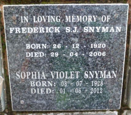 SNYMAN Frederick S.J. 1920-2006 &amp; Sophia Violet 1928-2012