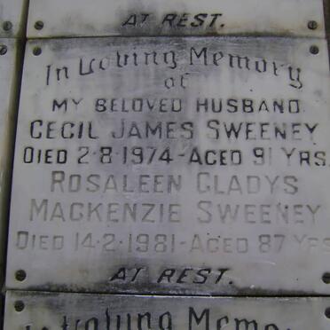 SWEENEY Cecil James -1974 &amp; Rosaleen Gladys Mackenzie -1981