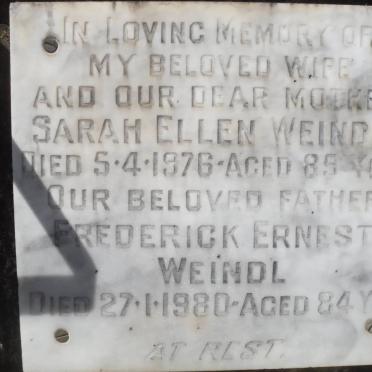 WEINDL Frederick Ernest -1980 &amp; Sarah Ellen -1976