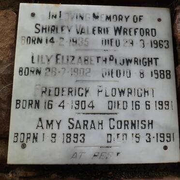 WREFORD Shirley Valerie 1935-1963 :: PLOWRIGHT Lily Elizabeth 1902-1988 :: PLOWRIGHT Frederick 1904-1991