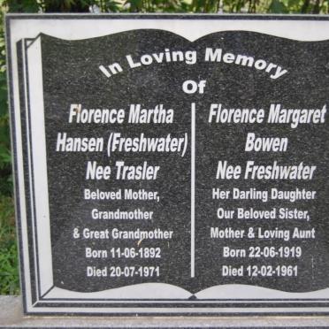 HANSEN Florence Martha nee Freshwater nee TRASLER 1892-1971 :: BOWEN Florence Margaret nee FRESHWATER 1919-1961