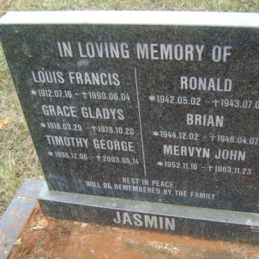JASMIN Louis Francis 1912-1990 :: JASMIN Grace Gladys 1918-1978 :: JASMIN Timothy George 1936-2003