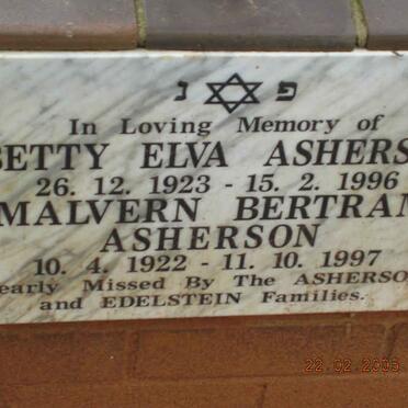 ASHERSON Malvern Bertram 1922-1997 &amp; Betty Elva 1923-1996
