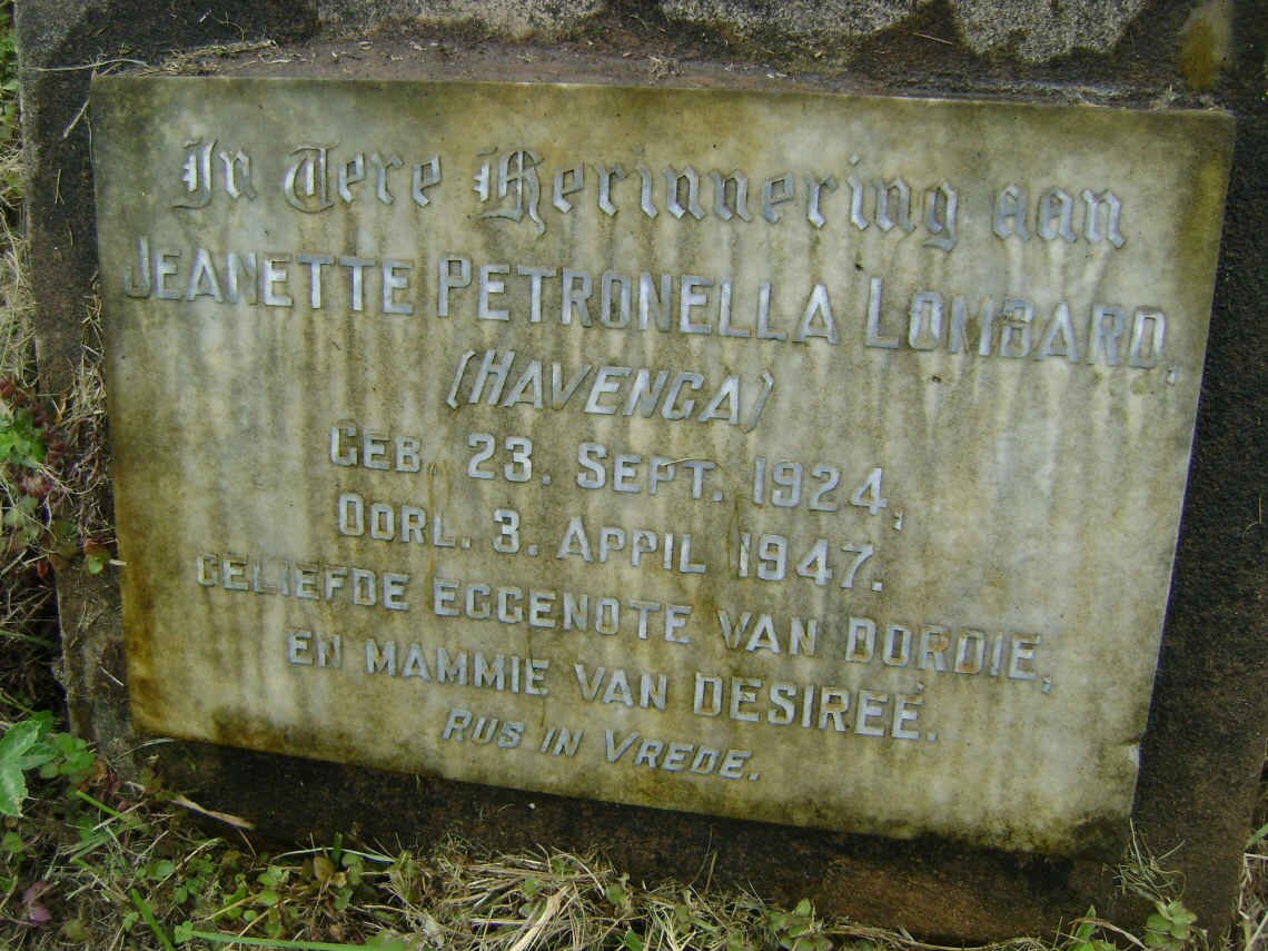 LOMBARD Jeanette Petronella nee HAVENGA 1924-1947