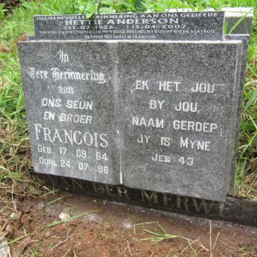 MERWE Francois, van der 1964-1986 :: ANDERSON Hettie 1926-2007