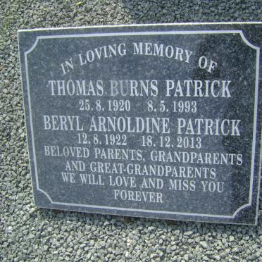 PATRICK Thomas Burns 1920-1993 &amp; Beryl Arnoldine 1922-2013