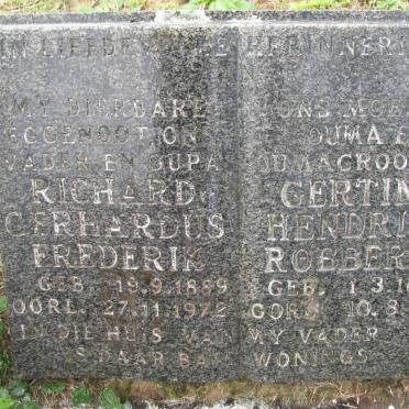 ROBBERTS Richard Gerhardus Frederik 1889-1972 &amp; Gertina Hendrika 1893-1980