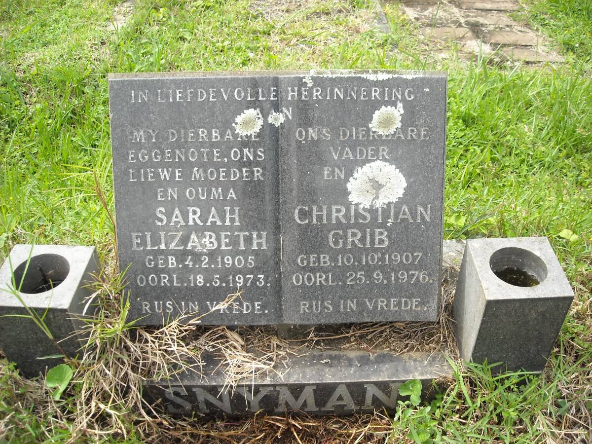SNYMAN Christian Grib 1907-1976 &amp; Sarah Elizabeth 1905-1973