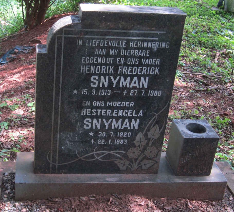 SNYMAN Hendrik Frederick 1913-1980 &amp; Hester Engela 1920-1983