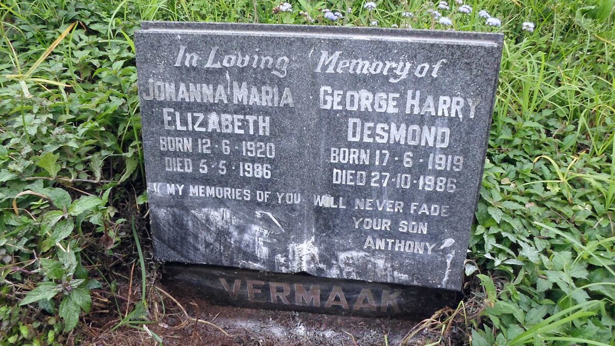 VERMAAK George Harry Desmond 1919-1986 &amp; Johanna Maria Elizabeth 1920-1986