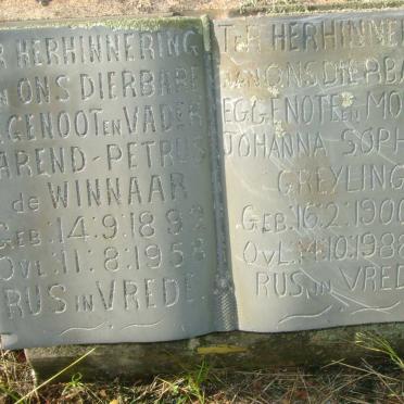 WINNAAR Barend Petrus, de 1892-1958 &amp; Johanna Sophia GREYLING 1900-1988