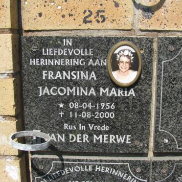 MERWE Fransina Jacomina Maria, van der 1956-2000
