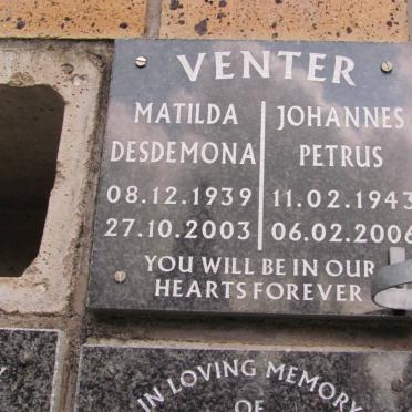 VENTER Johannes Petrus 1943-2006 &amp; Matilda Desdemona 1939-2003