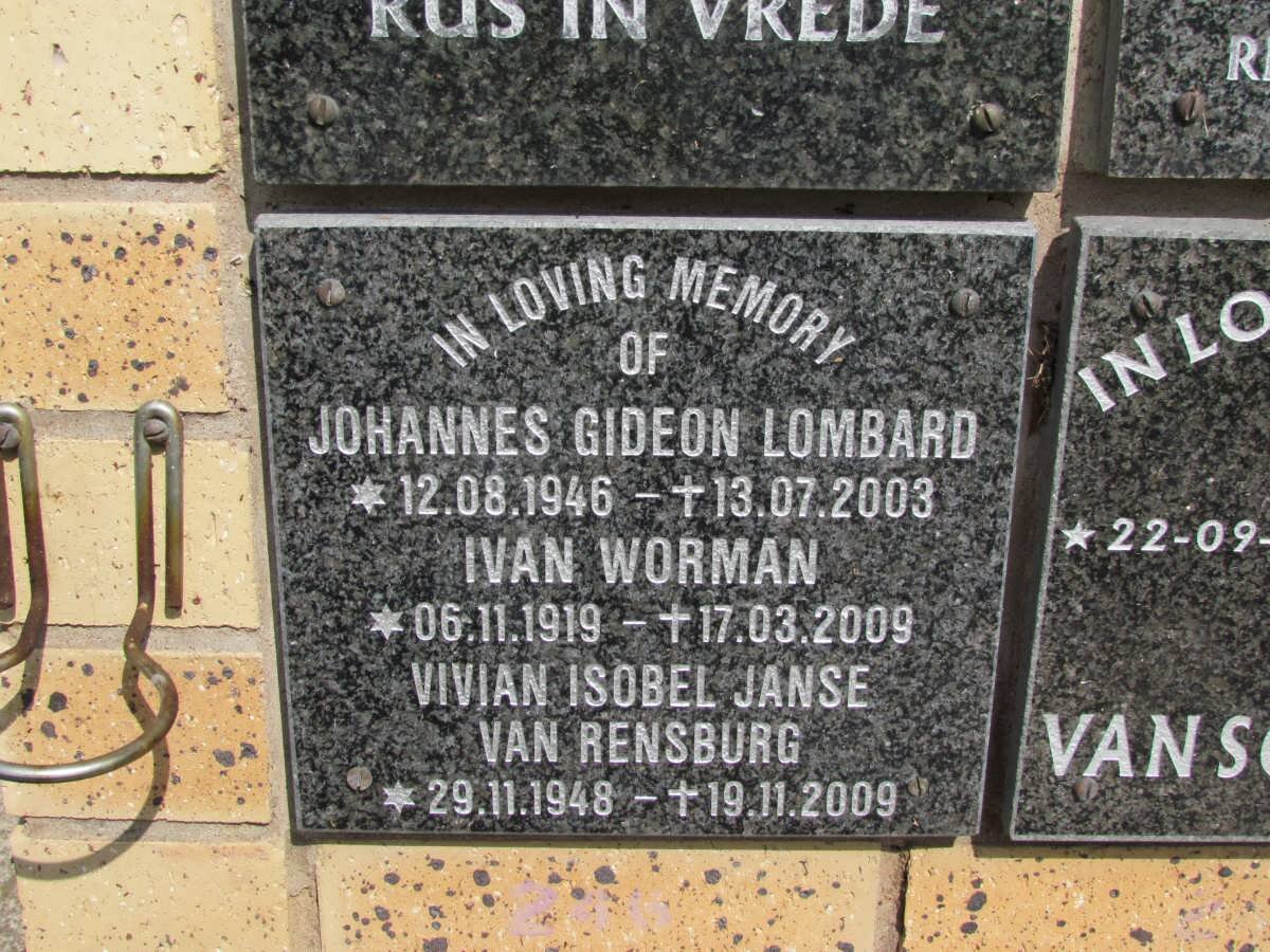 WORMAN Ivan 1919-2009 :: LOMBARD Johannes Gideon 1946-2003 :: JANSE VAN RENSBURG Vivian Isobel 1948-2009