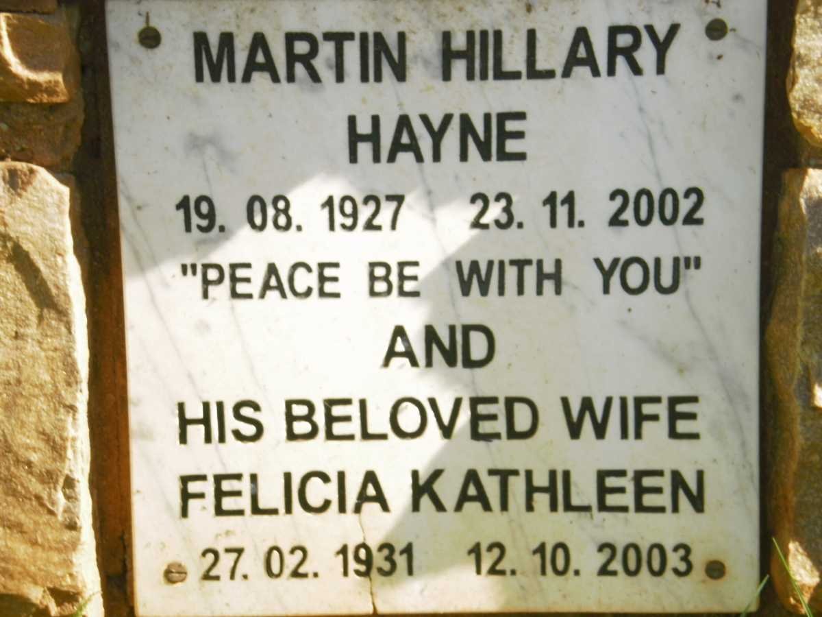 HAYNE Martin Hillary 1927-2002 &amp; Felicia Kathleen 1931-2003