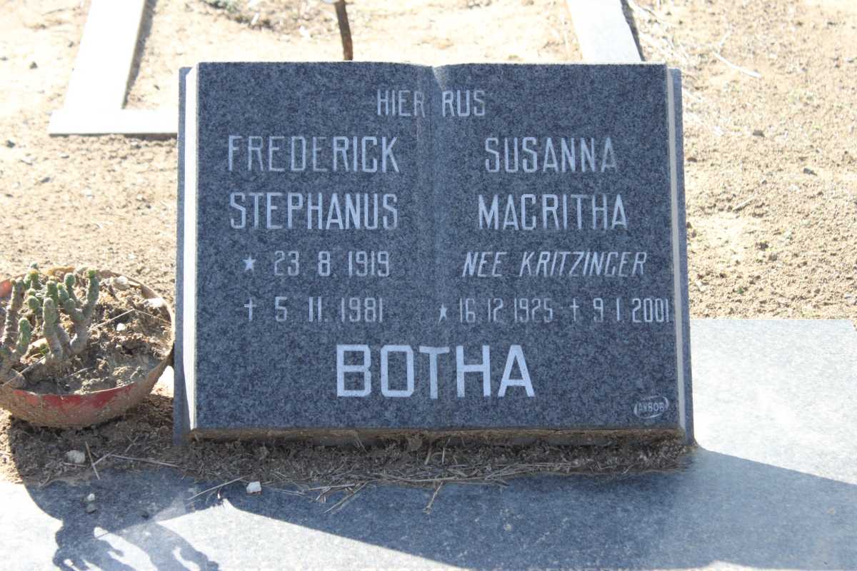 BOTHA Frederick Stephanus 1919-1981 & Susanna Magritha KRITZINGER 1925-2001