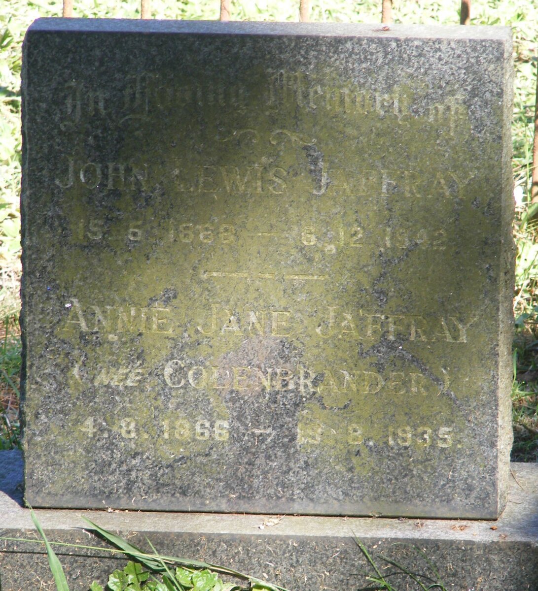JAFFRAY John Lewis 1868-1942 &amp; Annie Jane COLENBRANDER 1866-1935