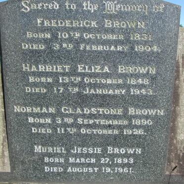 BROWN Frederick 1831-1904 &amp; Harriet Eliza 1848-1943 :: BROWN Norman Gladstone 1890-1926 &amp; Muriel Jessie 1893-1961