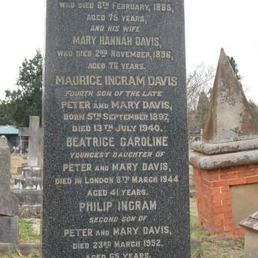 DAVIS Peter  -1885 &amp; Mary Hannah -1896 :: DAVIS Maurice Ingram 1897-1940 :: DAVIS Beatrice Caroline -1944