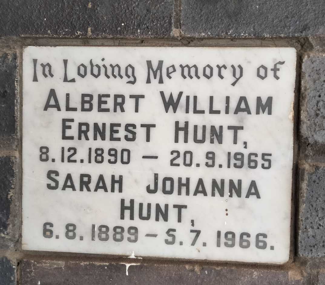 HUNT Albert William Ernest 1890-1965 & Sarah Johanna 1889-1966