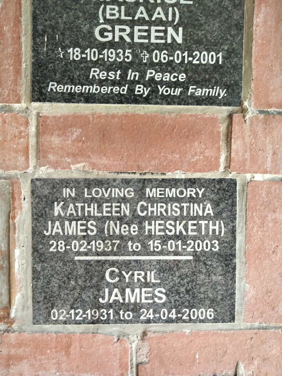JAMES Cyril 1931-2006 & Kathleen Christina, nee HESKETH 1937-2003