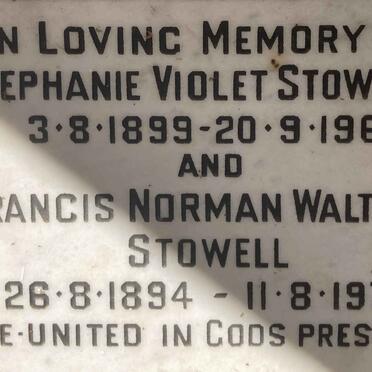 STOWELL Francis Norman Walter 1894-1973 & Stephanie Violet 1899-1973