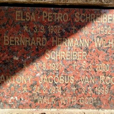 SCHREIBER Bernhard Hermann Wilhelm 1927-2000 :: SCHREIBER Elsa Petro 1931-1992 :: Rooyen Anthony Jacobus, van 1974-1999