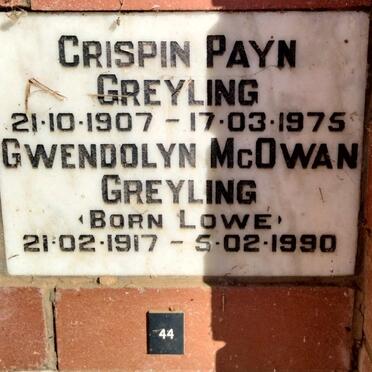 GREYLING Crispin Payn 1907-1975 & Gwendolyn McOwan LOWE 1917-1990