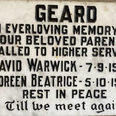 GEARD David Warwick -1975 & Doreen Beatrice -1990