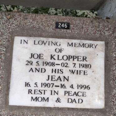 KLOPPER Joe 1908-1980 & Jean 1907-1996