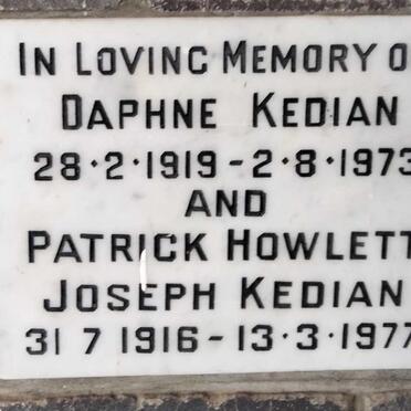 KEDIAN Patrick Howlett Joseph 1916-1977 & Daphne 1919-1973