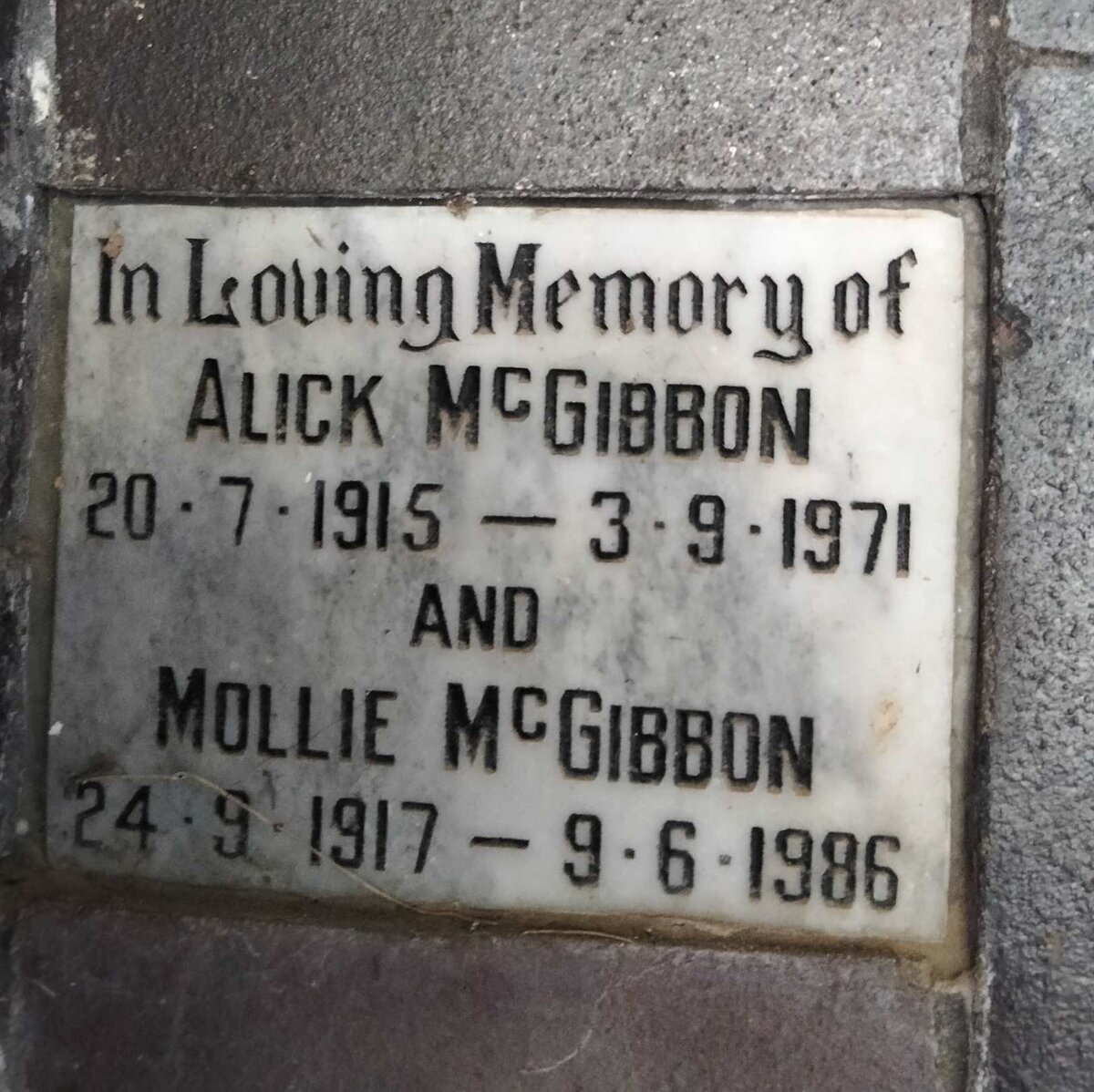 MCGIBBON Alick 1915-1971 & Mollie 1917-1986