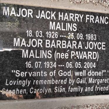 MALINS Jack Harry Francis 1926-1983 & Barbara Joyce PAVARD 1934-2004 