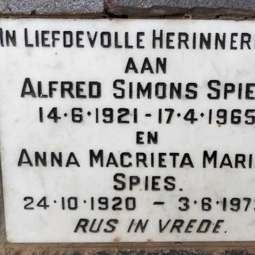SPIES Alfred Simons 1921-1965 & Anna Magrieta Maria 1920-1973